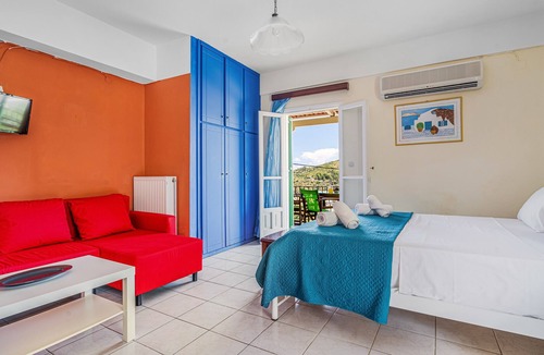 Vathy Apartment | Studio 'Veronis 1' with Sea View, Shared Pool & Wi-Fi