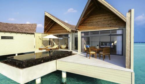 Overwater Pool Villa Sunrise, see-through floor, infinity pool, daily free flow chocolate hour, free snorkeling gear & non-motorized water sports